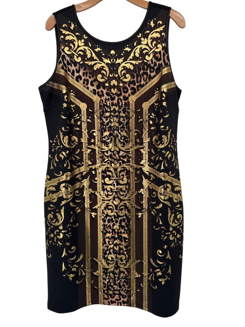 Thalia Sodi size XL dress Sleeveless Black Gold Print scuba knit Sheath Dress